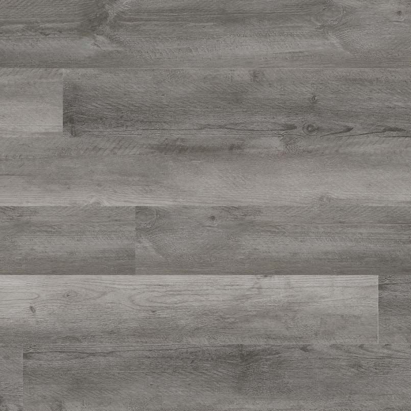 Gray wood-look flooring with planks arranged horizontally.