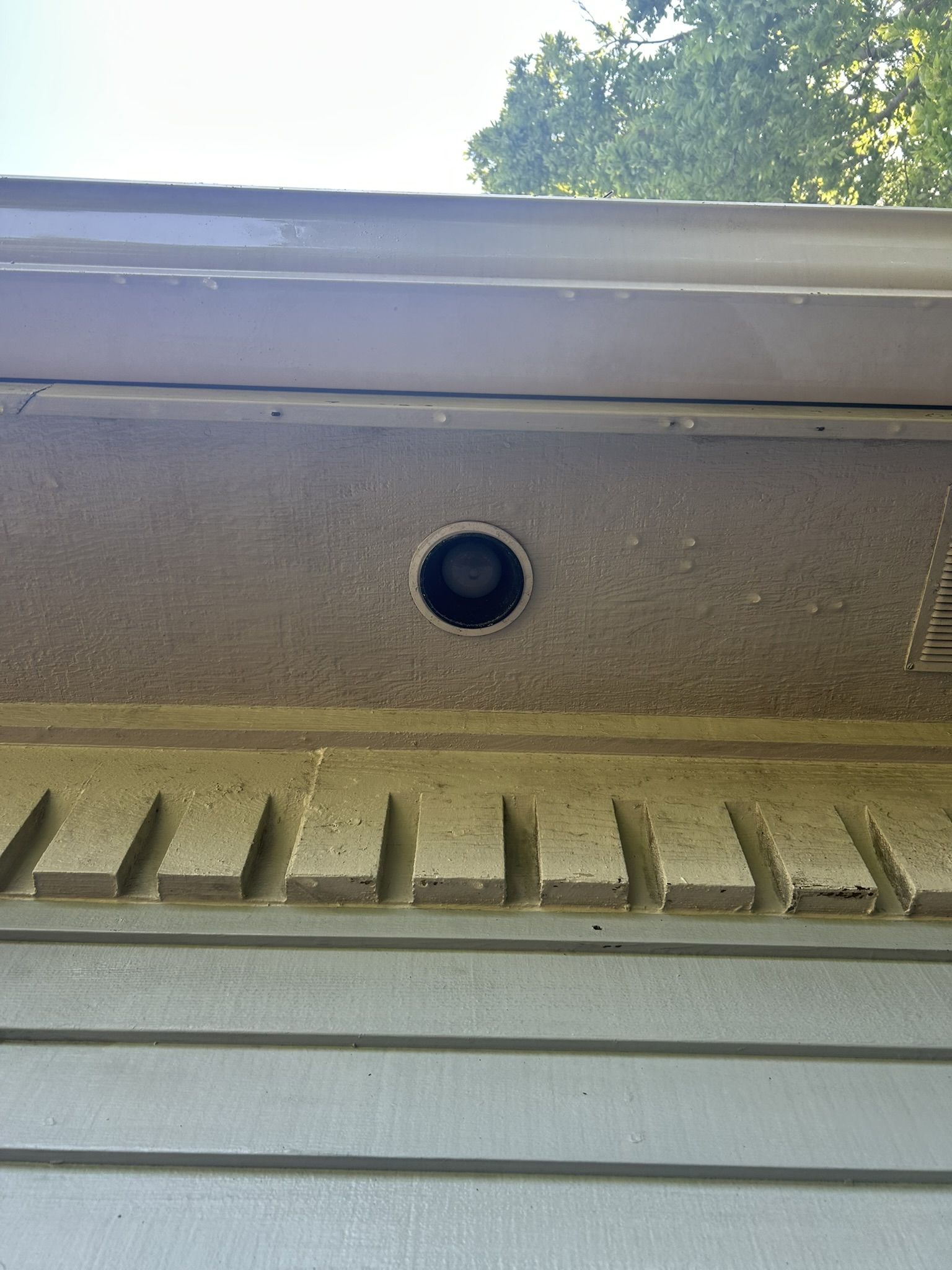 Hole in a soffit on a house exterior, with the bottom of the roof and siding visible.