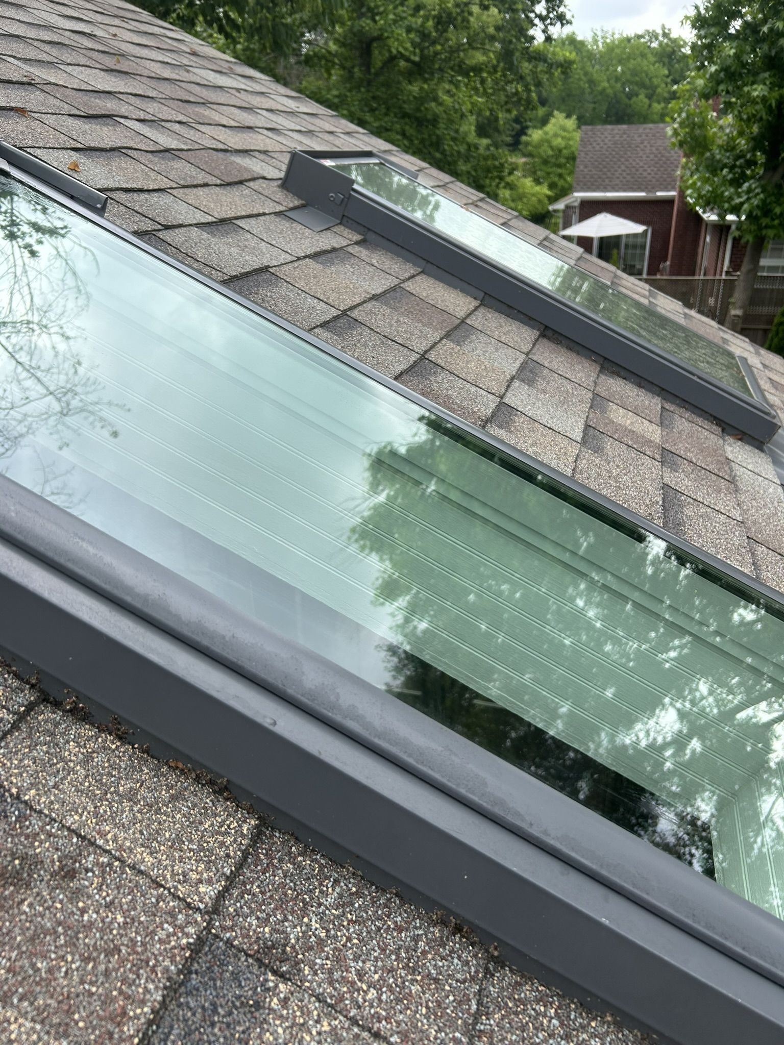 Two rectangular skylights on a shingled roof, reflecting trees and sky.