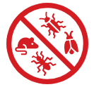 A red circular prohibition sign containing silhouettes of a mouse, an ant, and a beetle, indicating a pest-free area.