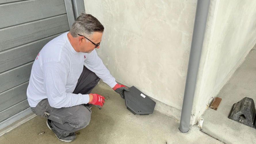 A person kneeling outside on concrete, holding a dark gray metal bracket against the base of a light-colored wall.