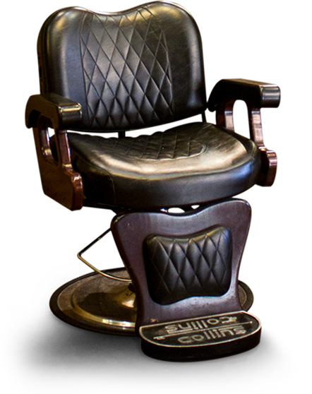 A black barber chair with the word collins on it