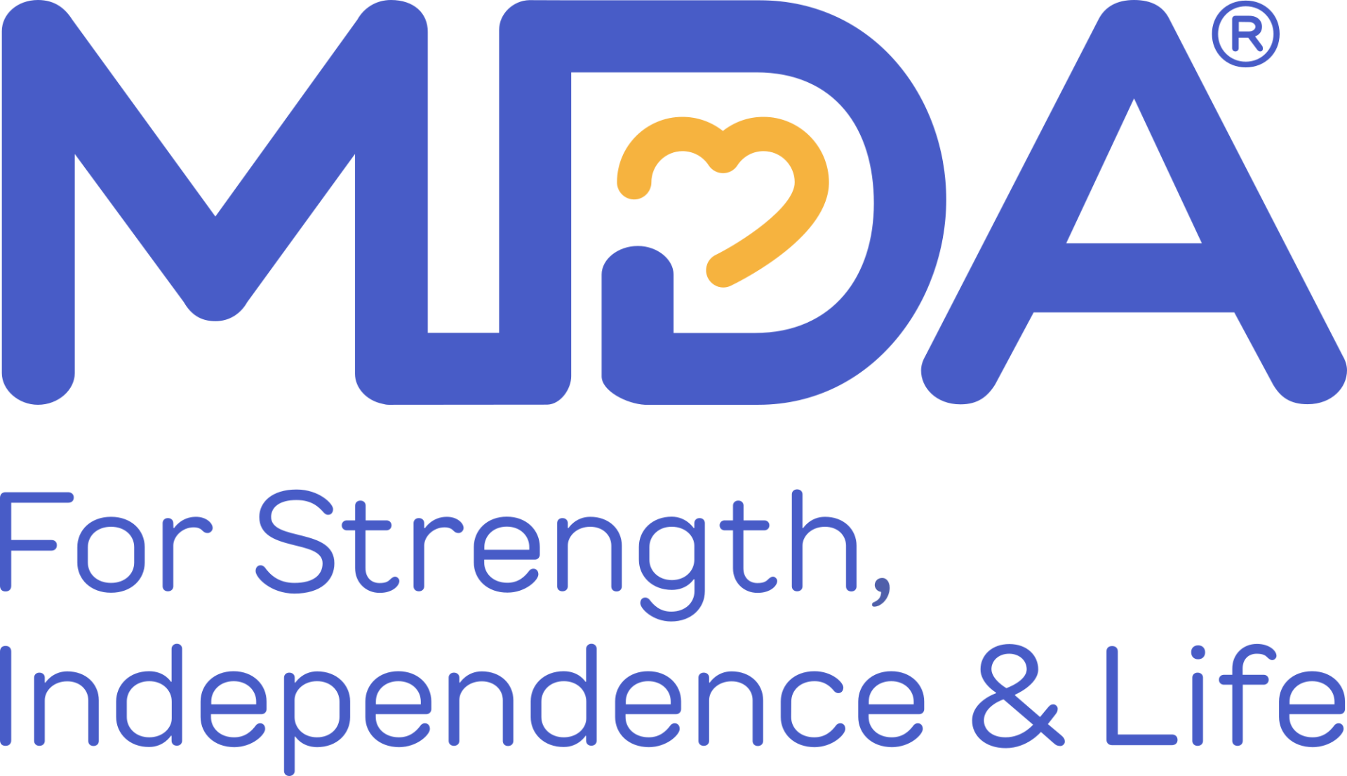 Blue MDA logo with yellow heart, text: For Strength, Independence & Life.
