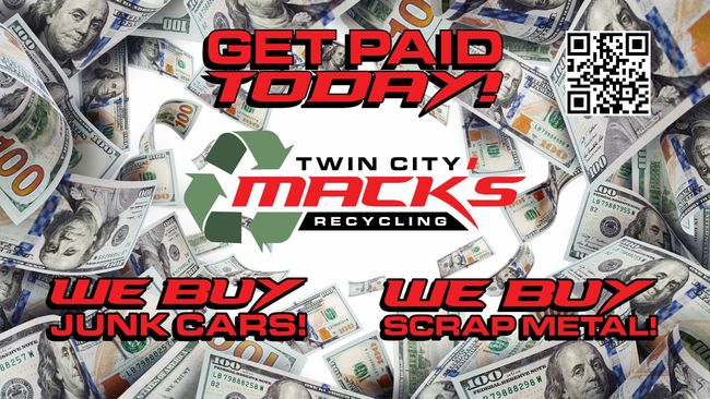 Advertisement for Twin City Macks Recycling offering to buy junk cars and scrap metal, with a background of money.