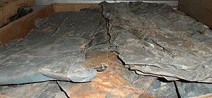 Large, dark, cracked stone slabs in a wooden crate, possibly fossils or archeological finds.