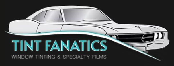 Tint Fanatics logo with a white car and teal text on a black background