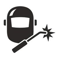 A black icon of a welding helmet with a handheld welding torch sparking in the foreground.
