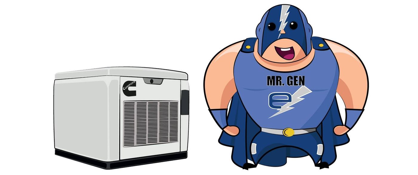 Cartoon strongman labeled “MR. DEN” beside a white air conditioner unit