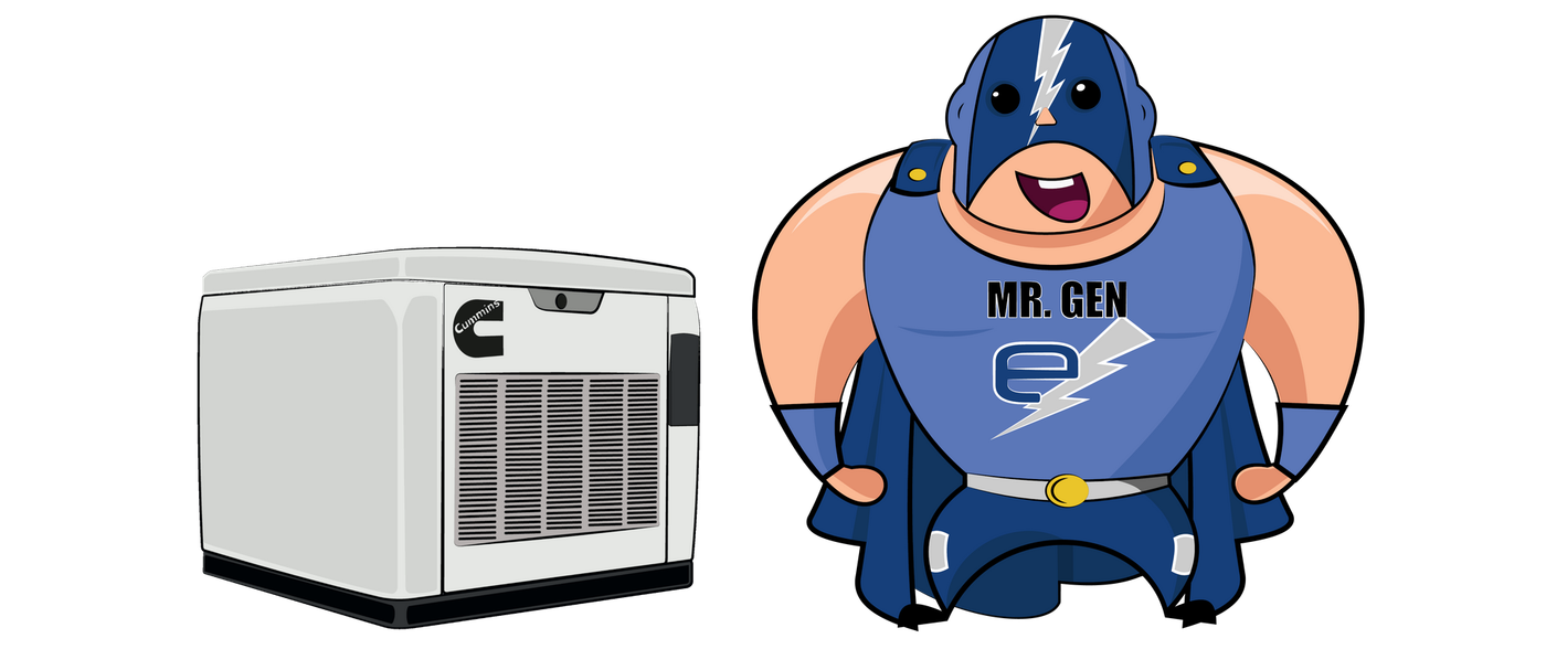 Cartoon strongman labeled “MR. DEN” beside a white air conditioner unit