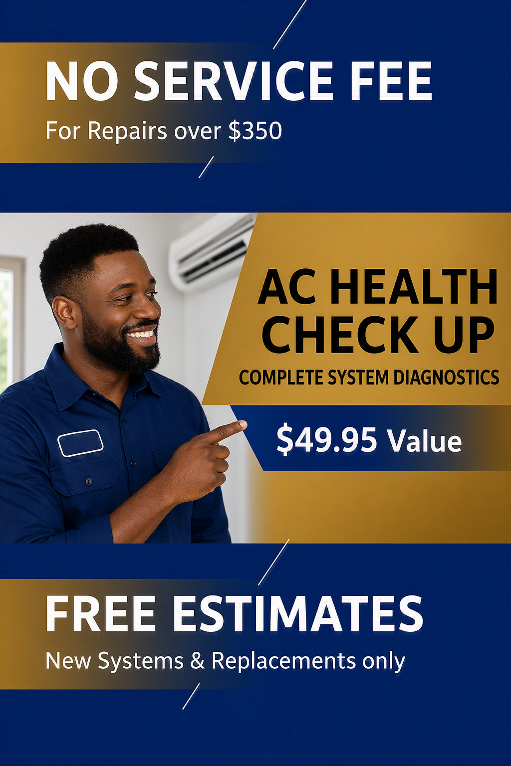HVAC promo ad with smiling technician, AC health check-up for $49.95, no service fee, free estimates