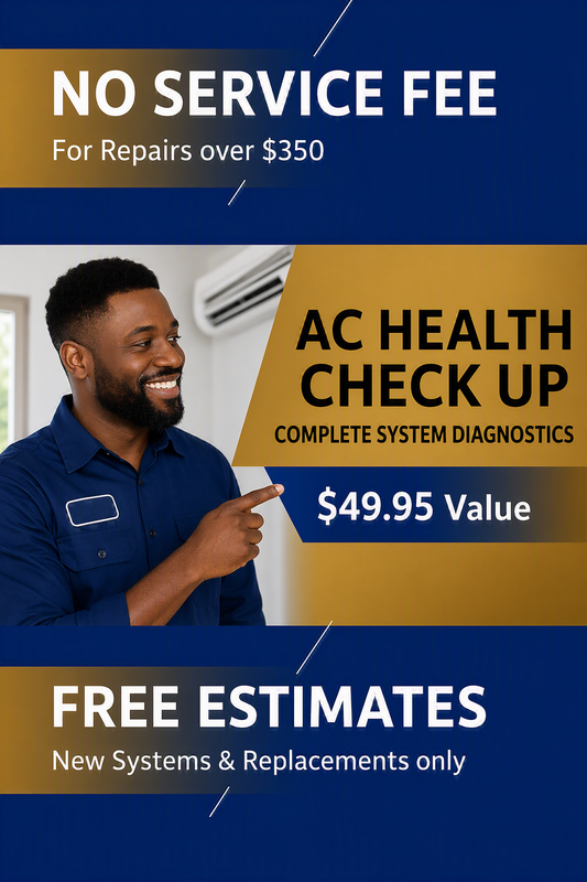 HVAC promo ad with smiling technician, AC health check-up for $49.95, no service fee, free estimates