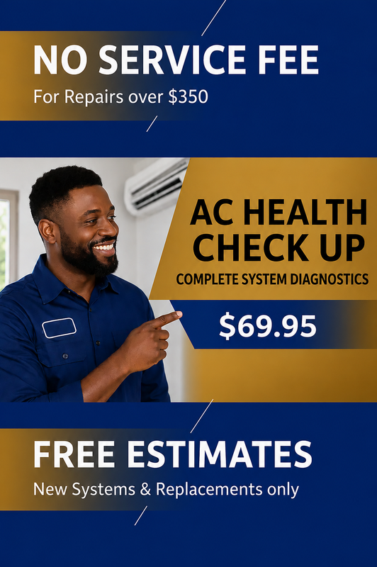 HVAC promo ad with smiling technician, AC health check-up for $69.95, no service fee, free estimates