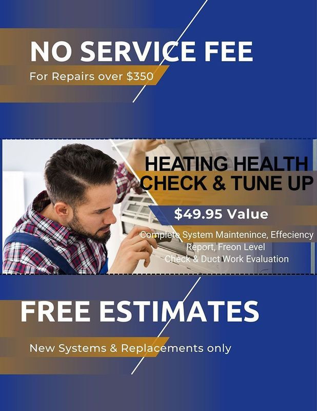 Advertisement for heating services featuring a technician and text offers.