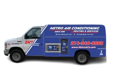 Blue and white van with company logo and contact info.