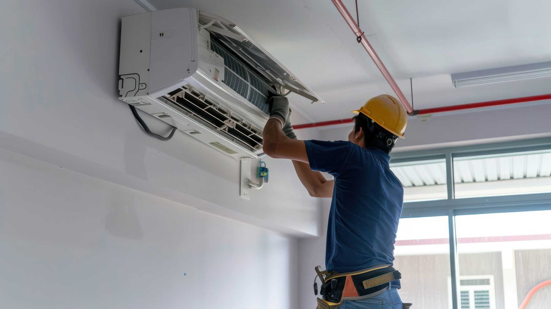 Technician servicing a wall-mounted air conditioner indoors using a ladder