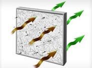 Air filter with dust particles trapped and green arrows showing clean air flow through it