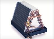 Auto air-conditioning evaporator with metal coils and dark fins on a white background