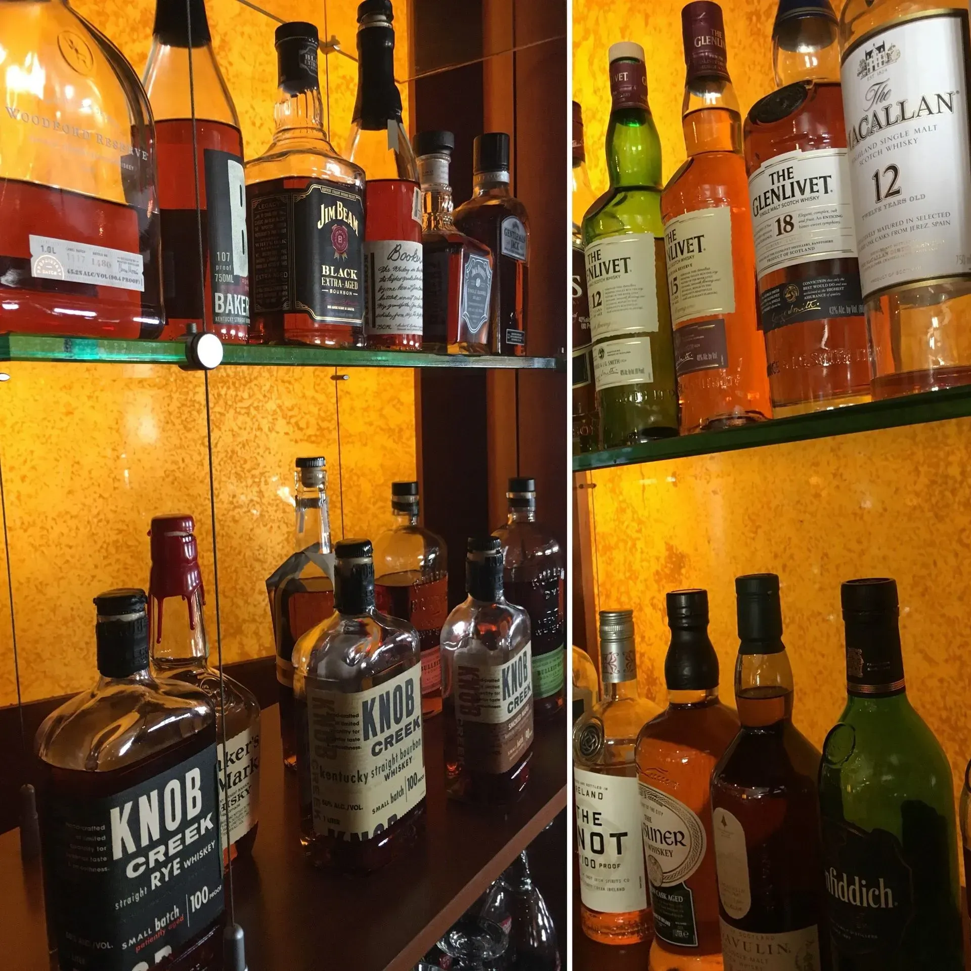 Shelves of liquor bottles in a bar, various brands and colors.