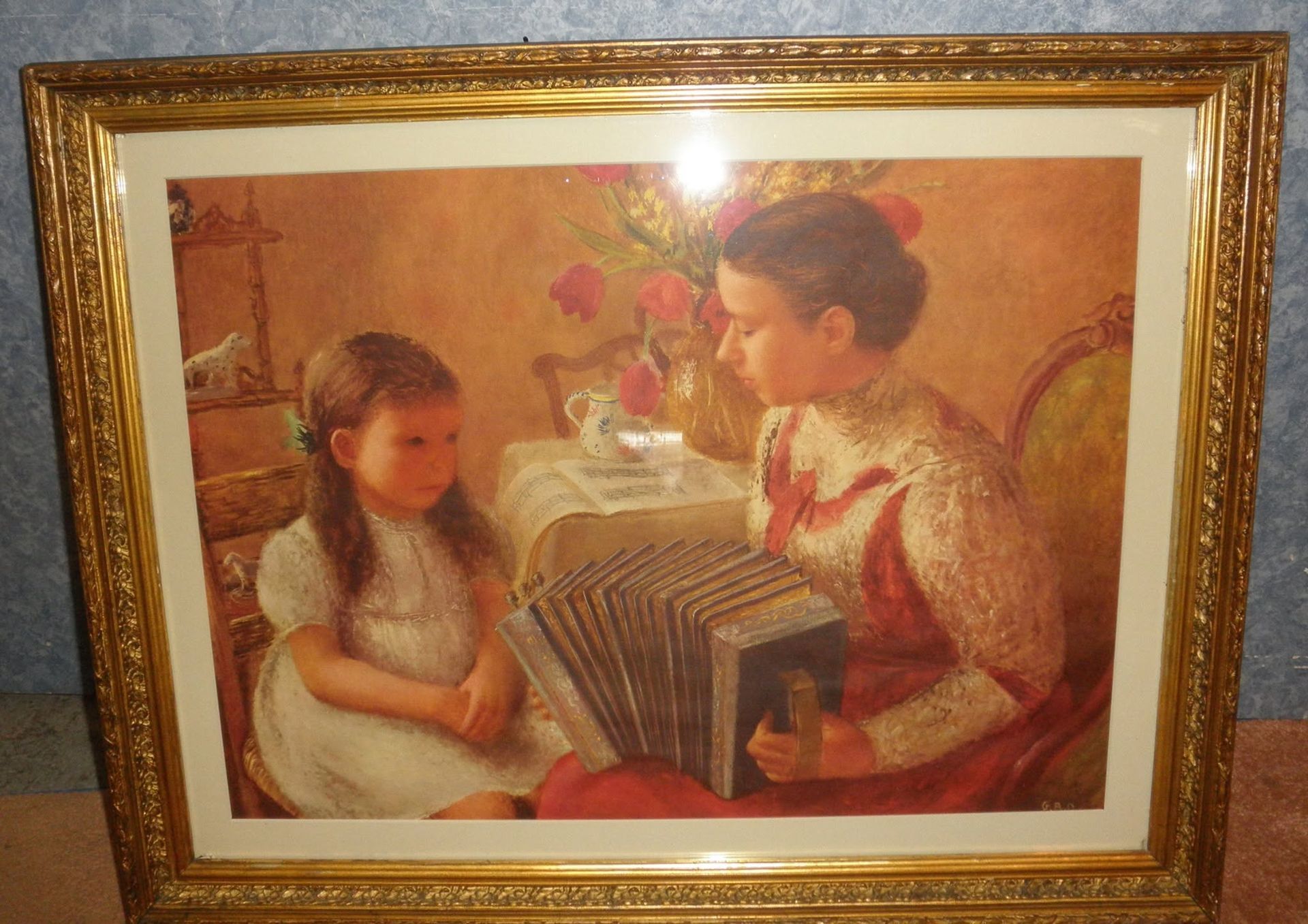 Painting of a woman playing an accordion for a seated child in a warmly lit room.