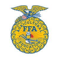 Blue-and-gold FFA emblem with eagle and agricultural education text