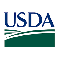 USDA logo in blue above a green field with white stripes