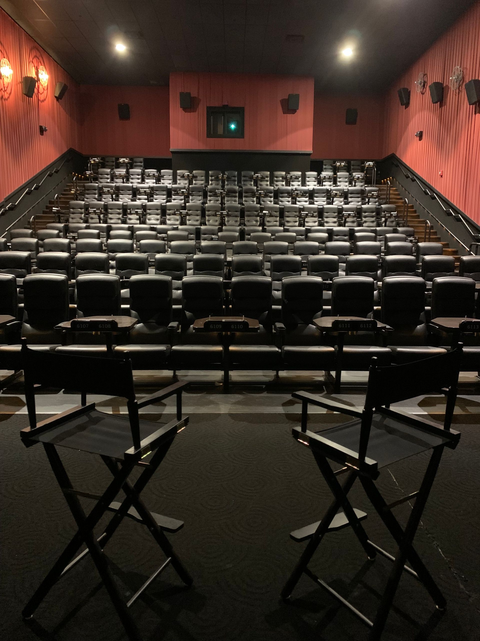 Two director's chairs face empty rows in a red-walled movie theater, low lighting, black seats.
