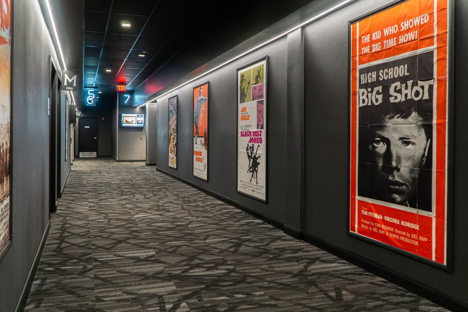 Hallway in a movie theater with film posters on the walls. Carpeted floor, dark walls, and ceiling lights.