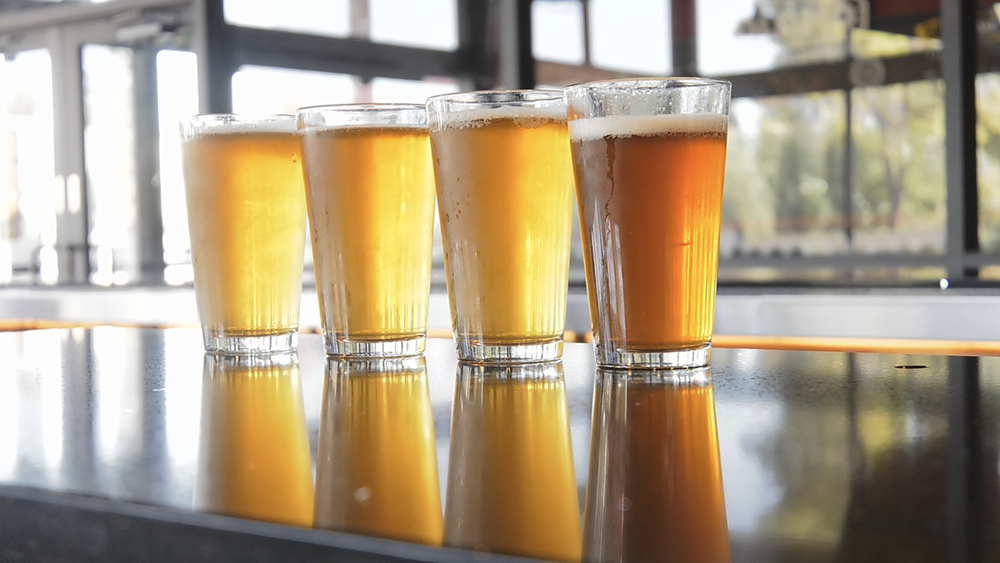 Four beers in different shades of yellow and brown, lined up on a bar with a reflective surface.