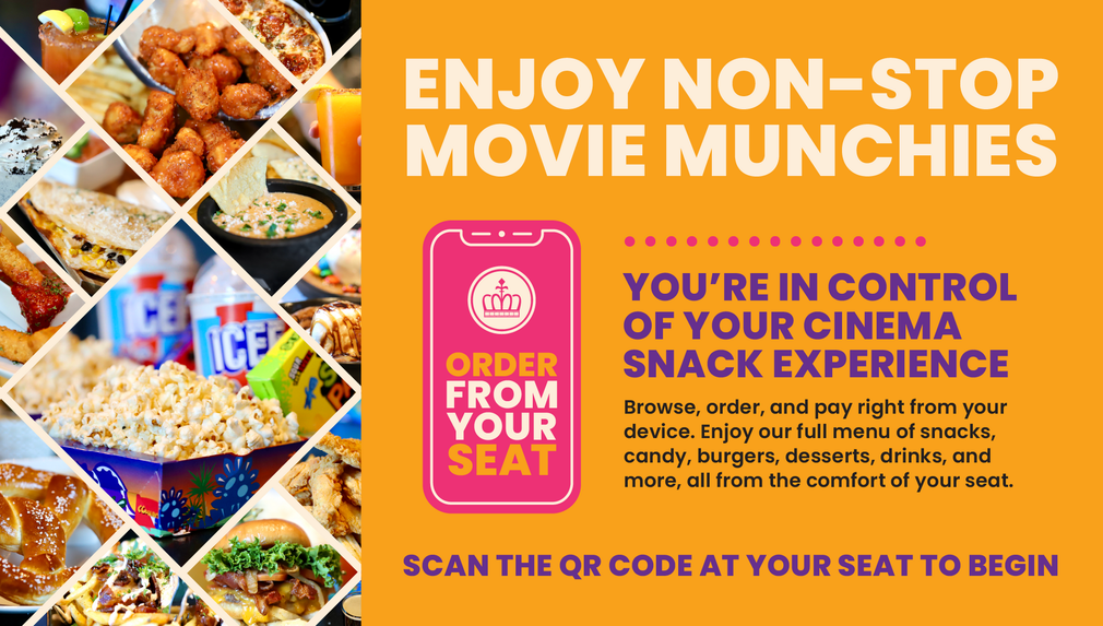 Advertisement for ordering cinema snacks. Features text, food images, and a QR code for ordering from your seat.