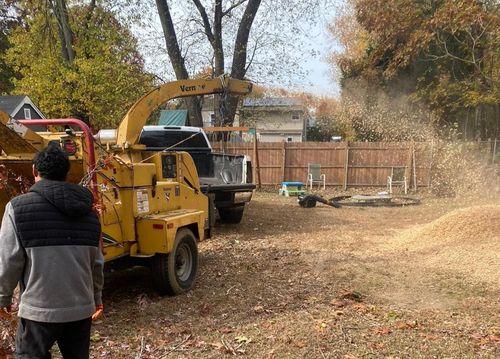 A worker stands next to a yellow wood chipper, which is blowing wood chips into a pile in a backyard.