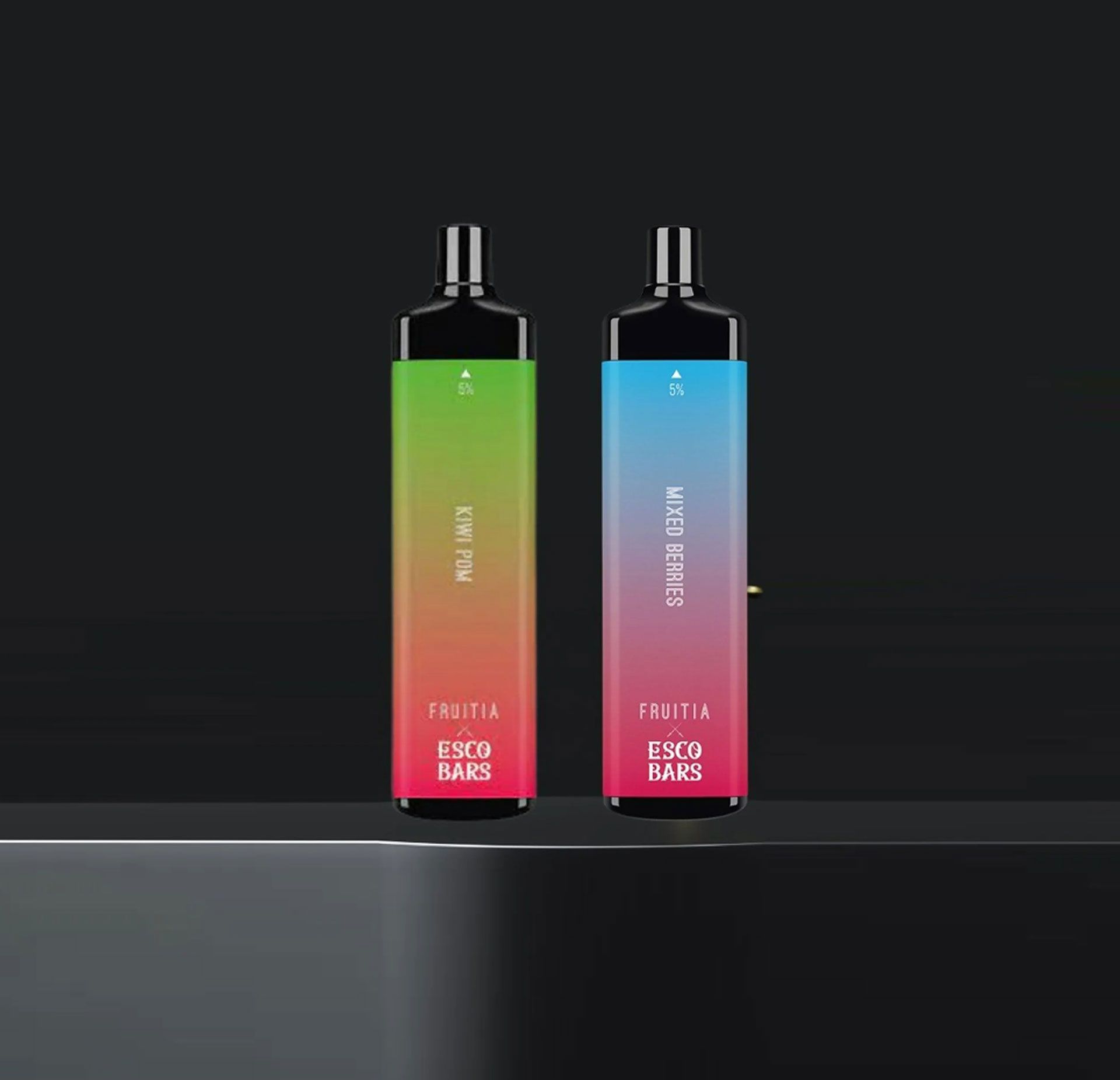 Two bottles of e cigarettes are sitting on a table.