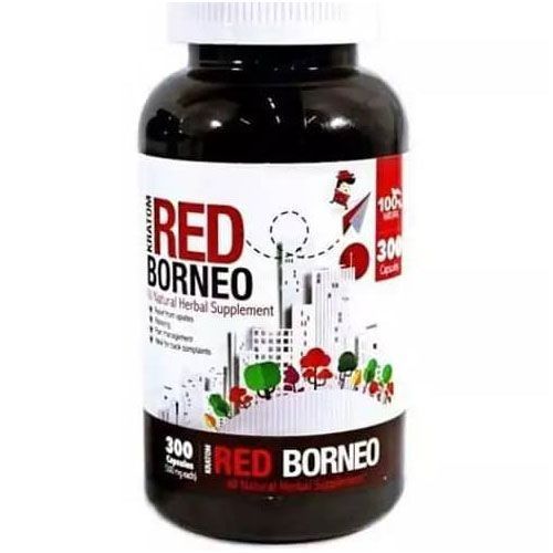 A bottle of red borneo natural herbal supplement.