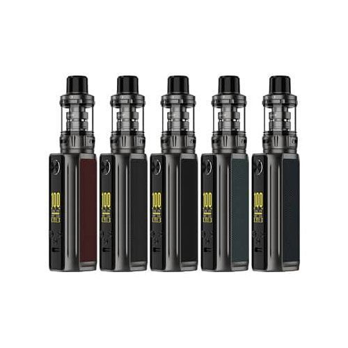 A group of electronic cigarettes are lined up in a row on a white background.