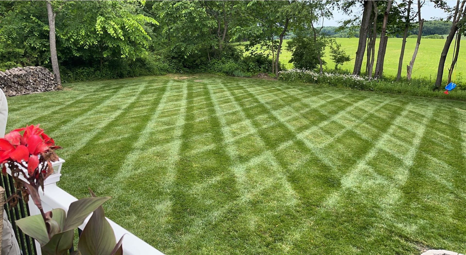 Freshly mowed green lawn with striped patterns beside a porch and trees in the background
