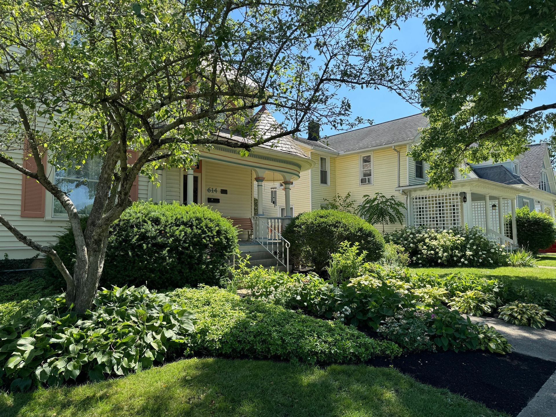 Yellow house with white trim behind lush green shrubs and trees on a sunny day