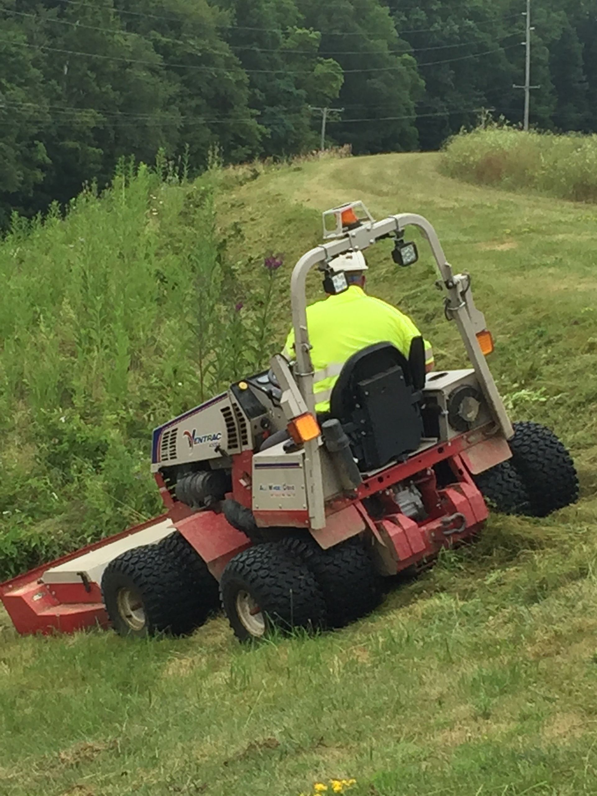 Riding lawn mower on a grassy slope, cutting tall grass near a wooded edge