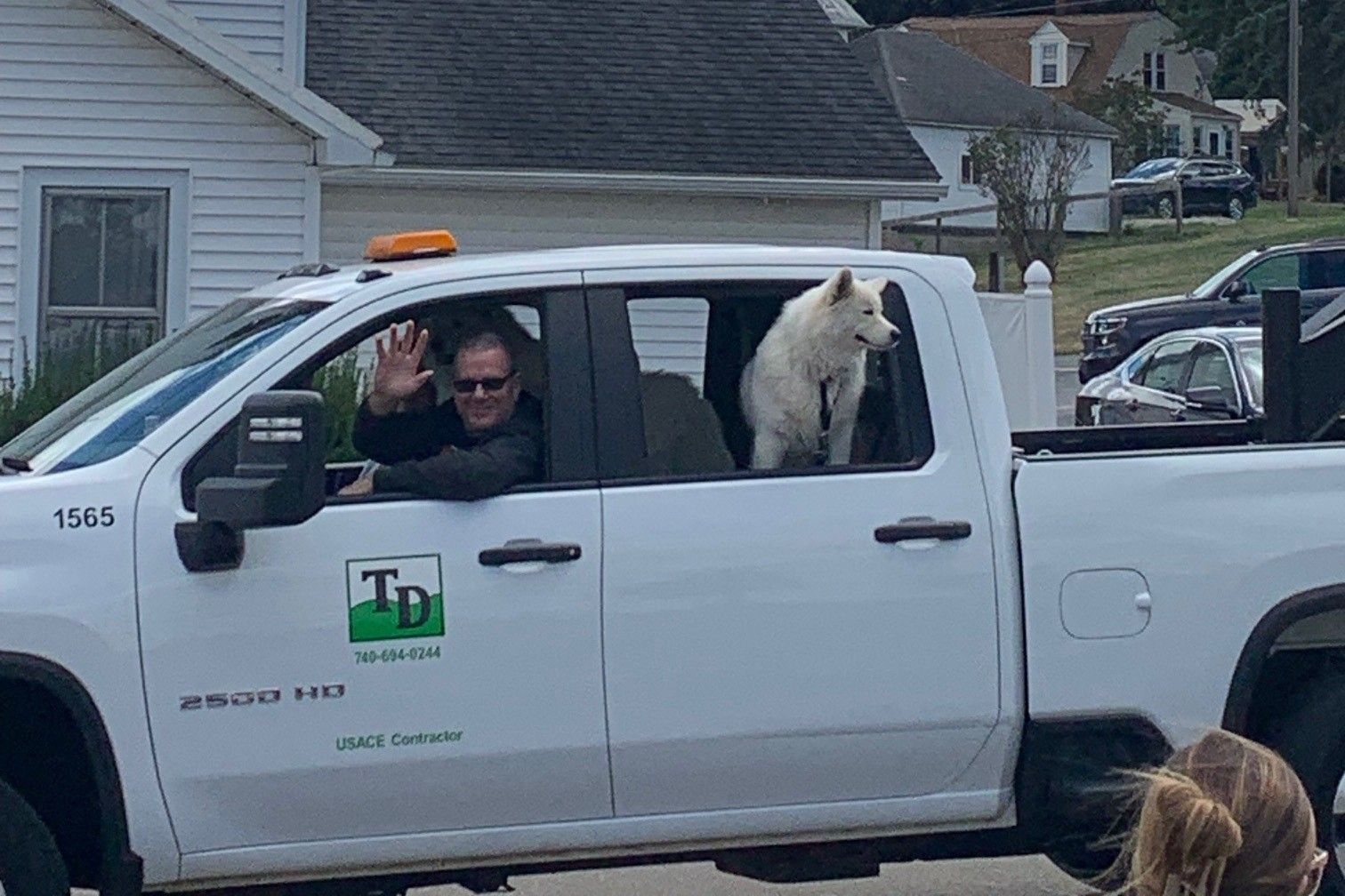White utility truck with a driver and a fluffy white dog in the passenger window on a suburban street