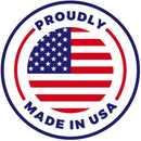 A proudly made in usa logo with an american flag in the center.