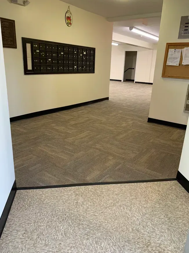 Apartment building hallway with mailboxes, beige carpet, and white walls.