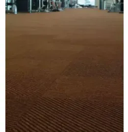 Brown carpeted floor in a gym, angled pattern in the foreground, exercise equipment blurred in background.