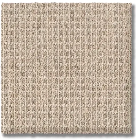 Beige square carpet tile with a textured, grid-like pattern.