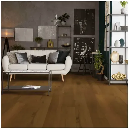 Living room with brown wood floor, white sofa, dark walls, shelves, and abstract art.