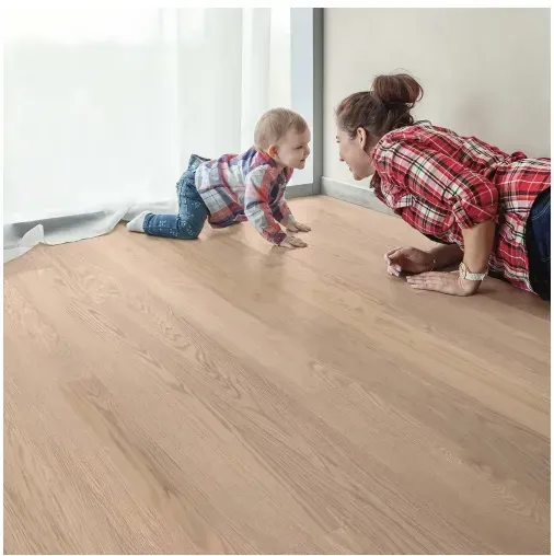 Woman and baby on hands and knees, eye contact, light wood floor.