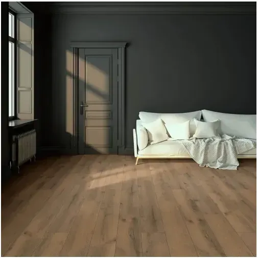 Room with hardwood floors, dark gray walls, white sofa, door, and a window with sunlight.