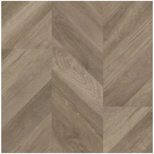 Herringbone pattern floor tiles in varying shades of brown and gray.