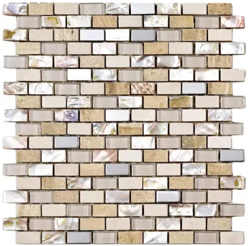 Mosaic tile pattern in neutral tones of beige, white, and iridescent shell, arranged in a brick pattern.