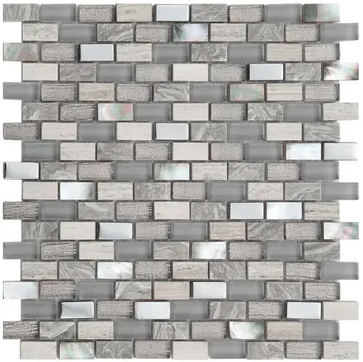 Gray, beige, and white mosaic tile in a brick pattern.