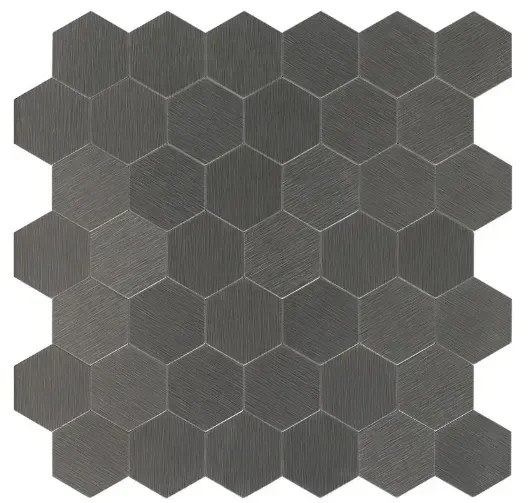 Dark gray hexagon-shaped tiles arranged in a grid, possibly for a floor or wall design.