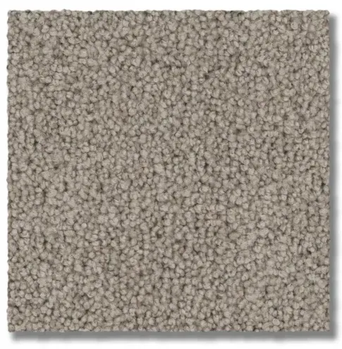 Close-up of a square carpet sample in a speckled beige color.