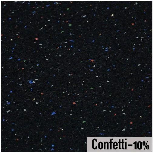 Black rubber gym flooring with confetti-like colored flecks, labeled 